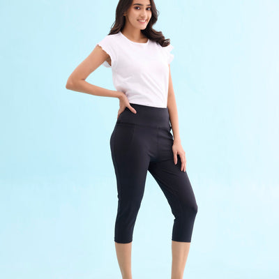 Women Solid Black High Rise Training Capri