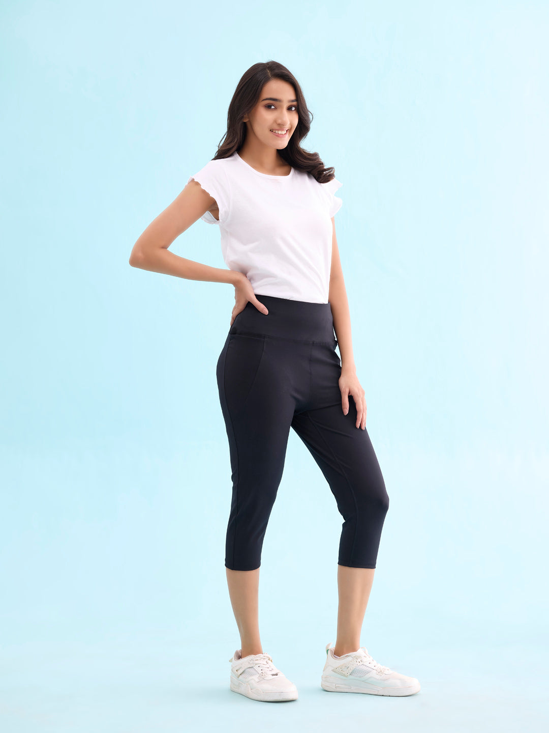 Women Solid Black High Rise Training Capri
