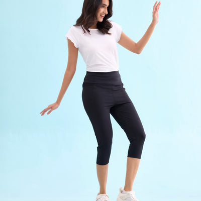 Women Solid Black High Rise Training Capri