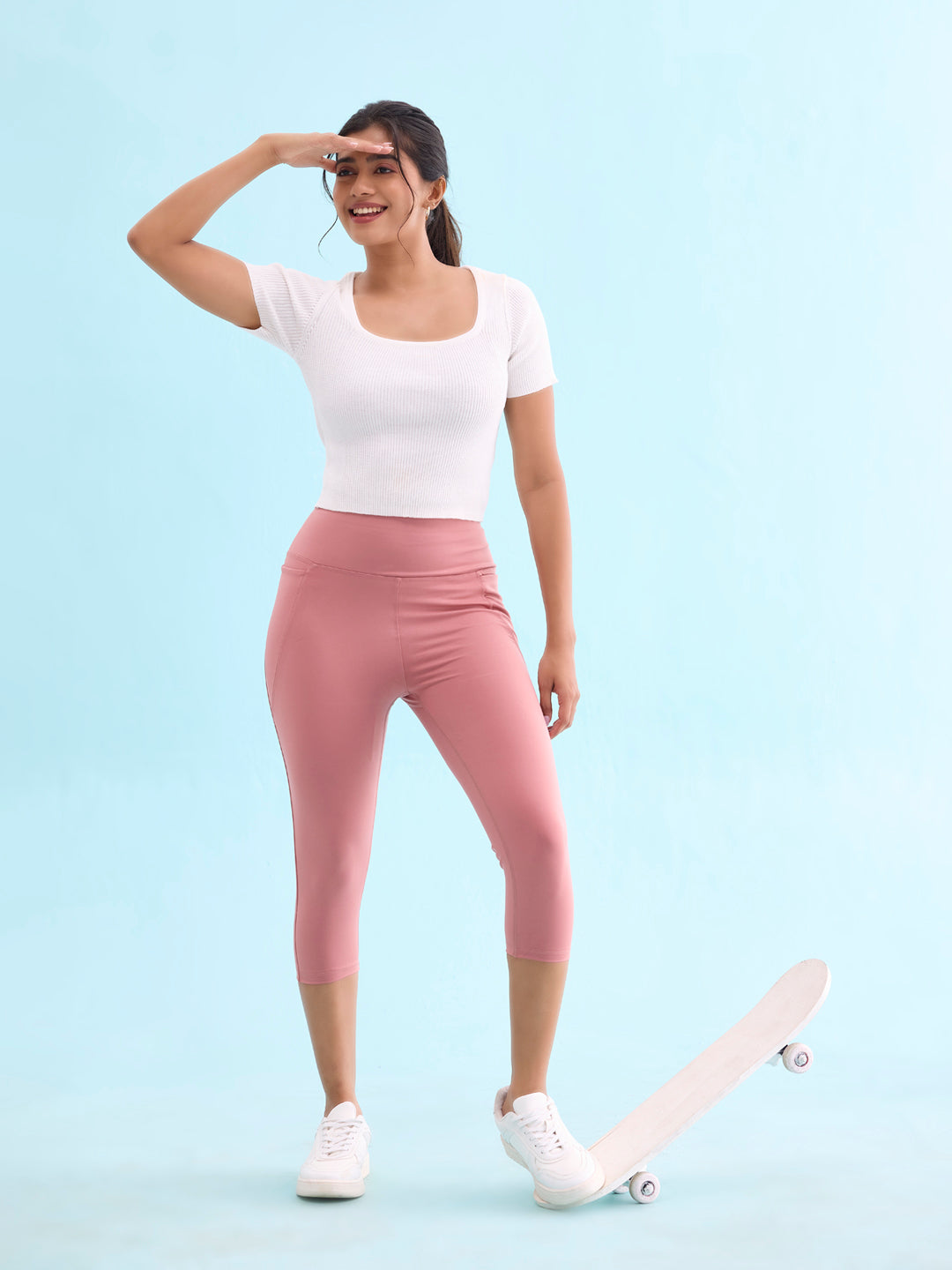 Women Solid Dusty Pink High Rise Training Capri
