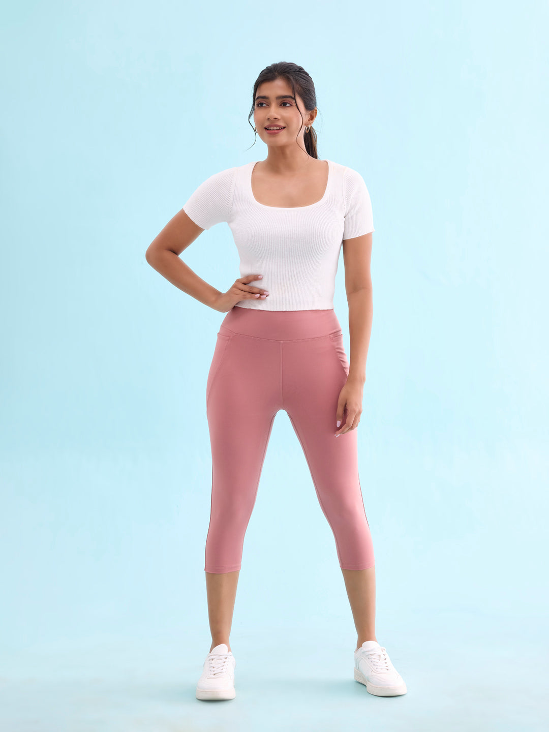Women Solid Dusty Pink High Rise Training Capri