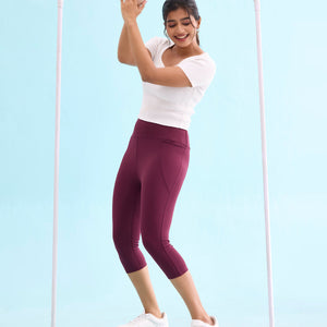 Women Solid Maroon High Rise Training Capri