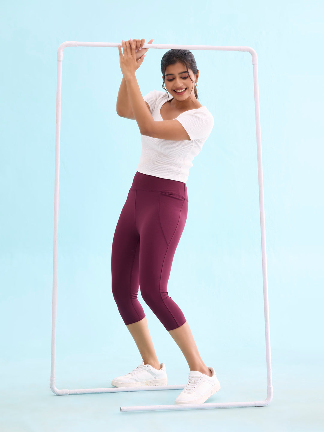 Women Solid Maroon High Rise Training Capri