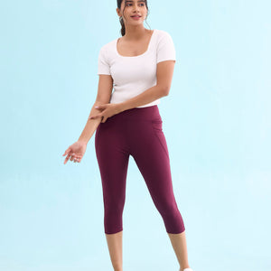 Women Solid Maroon High Rise Training Capri