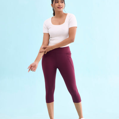 Women Solid Maroon High Rise Training Capri