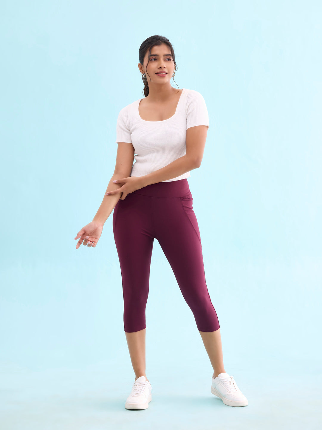 Women Solid Maroon High Rise Training Capri