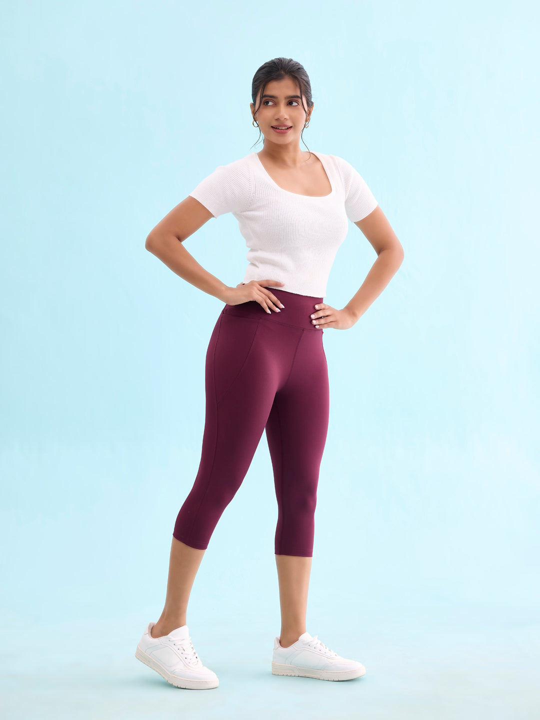 Women Solid Maroon High Rise Training Capri