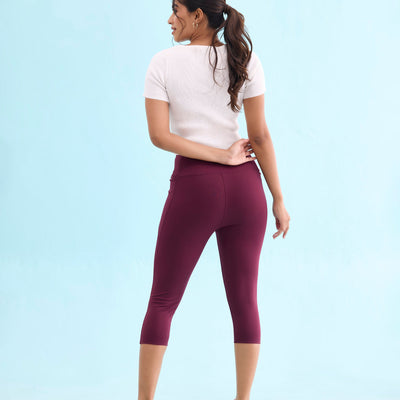 Women Solid Maroon High Rise Training Capri