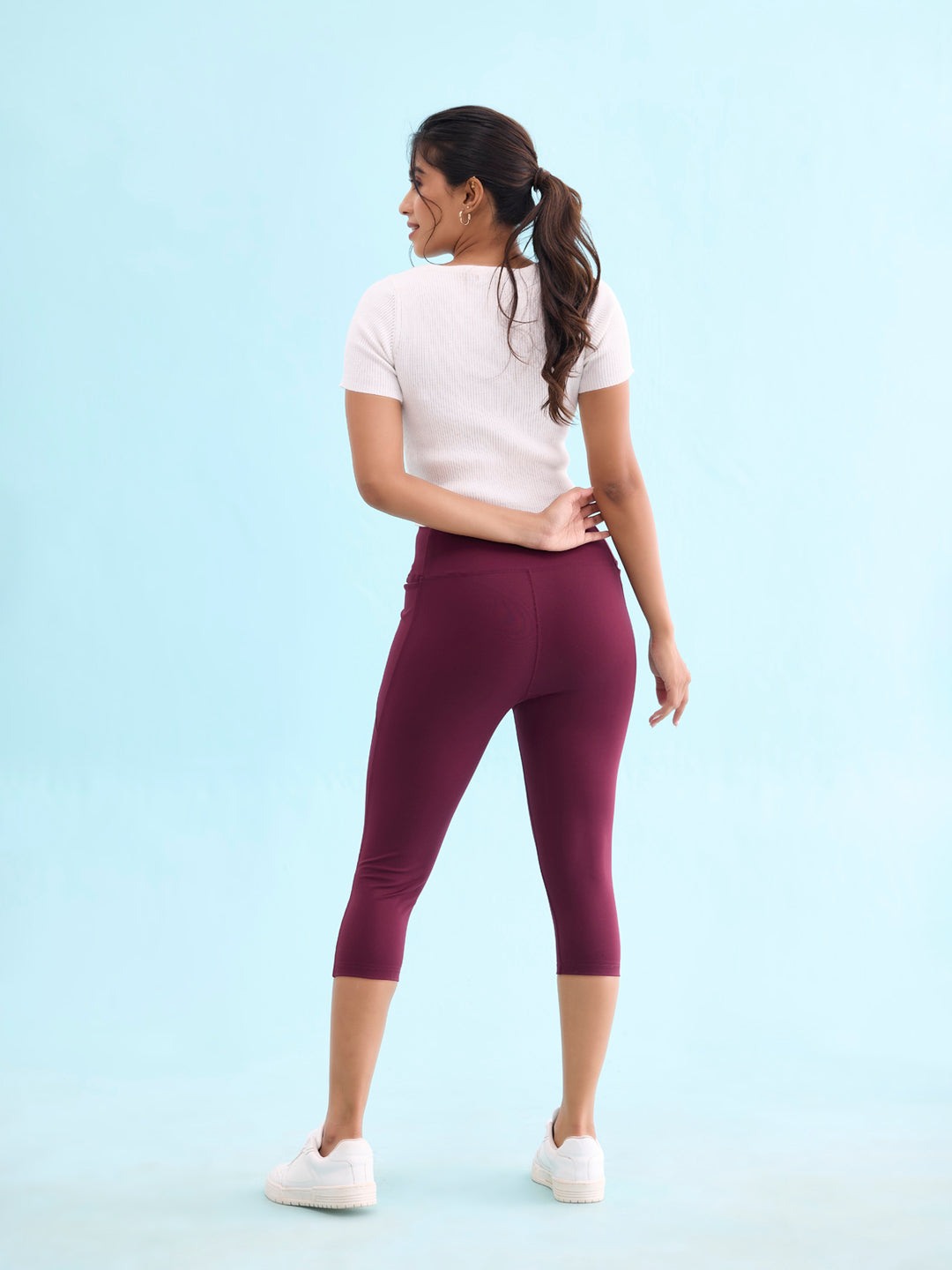 Women Solid Maroon High Rise Training Capri