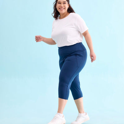 Women Solid Teal High Rise Training Capri