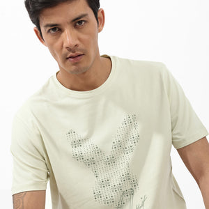 Rare Rabbit Articale Mens Larry Pastel Green Cotton Fabric Short Sleeve Crew Neck Regular Fit Printed T-Shirt