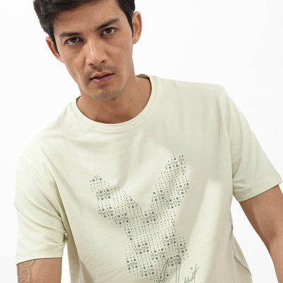 Rare Rabbit Articale Mens Larry Pastel Green Cotton Fabric Short Sleeve Crew Neck Regular Fit Printed T-Shirt