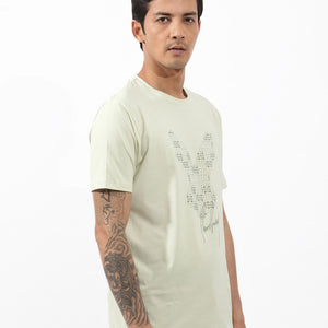 Rare Rabbit Articale Mens Larry Pastel Green Cotton Fabric Short Sleeve Crew Neck Regular Fit Printed T-Shirt