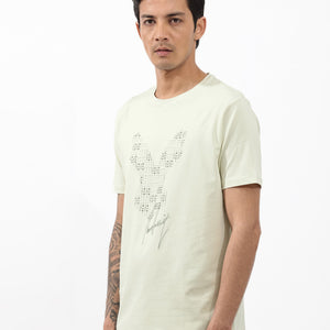 Rare Rabbit Articale Mens Larry Pastel Green Cotton Fabric Short Sleeve Crew Neck Regular Fit Printed T-Shirt