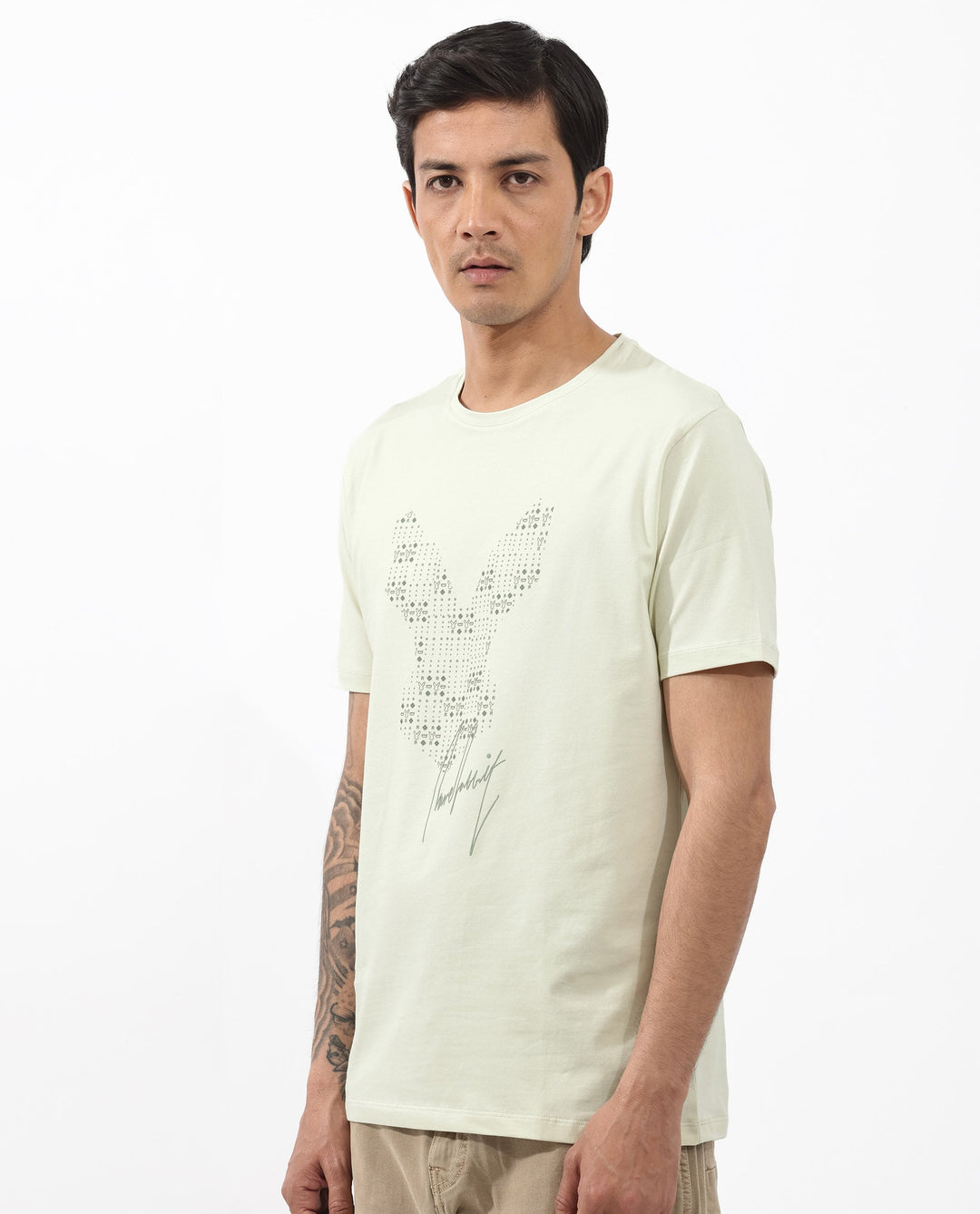 Rare Rabbit Articale Mens Larry Pastel Green Cotton Fabric Short Sleeve Crew Neck Regular Fit Printed T-Shirt