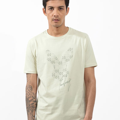 Rare Rabbit Articale Mens Larry Pastel Green Cotton Fabric Short Sleeve Crew Neck Regular Fit Printed T-Shirt