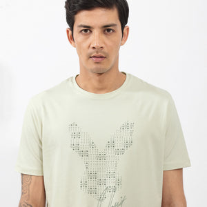 Rare Rabbit Articale Mens Larry Pastel Green Cotton Fabric Short Sleeve Crew Neck Regular Fit Printed T-Shirt