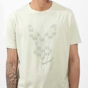 Rare Rabbit Articale Mens Larry Pastel Green Cotton Fabric Short Sleeve Crew Neck Regular Fit Printed T-Shirt