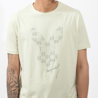 Rare Rabbit Articale Mens Larry Pastel Green Cotton Fabric Short Sleeve Crew Neck Regular Fit Printed T-Shirt