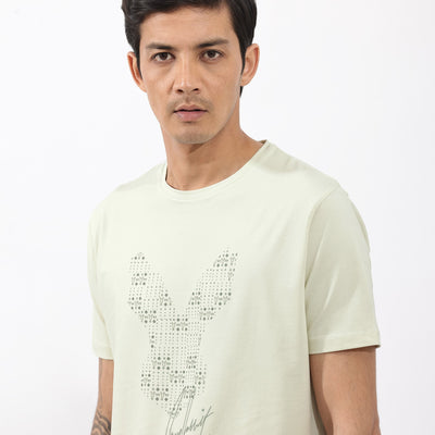 Rare Rabbit Articale Mens Larry Pastel Green Cotton Fabric Short Sleeve Crew Neck Regular Fit Printed T-Shirt