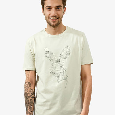 Rare Rabbit Articale Mens Larry Pastel Green Cotton Fabric Short Sleeve Crew Neck Regular Fit Printed T-Shirt