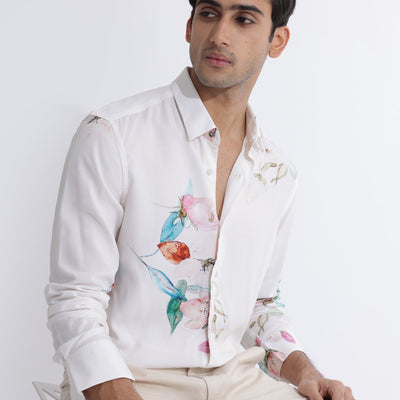 Rare Rabbit Men's Laura Light Pink Viscose Fabric Floral Print Full Sleeves Shirt