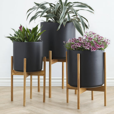 Ceramic Planter Pot + Teak Stand by LBE Design