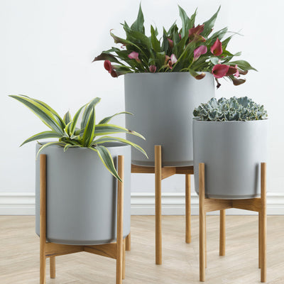Ceramic Planter Pot + Teak Stand by LBE Design