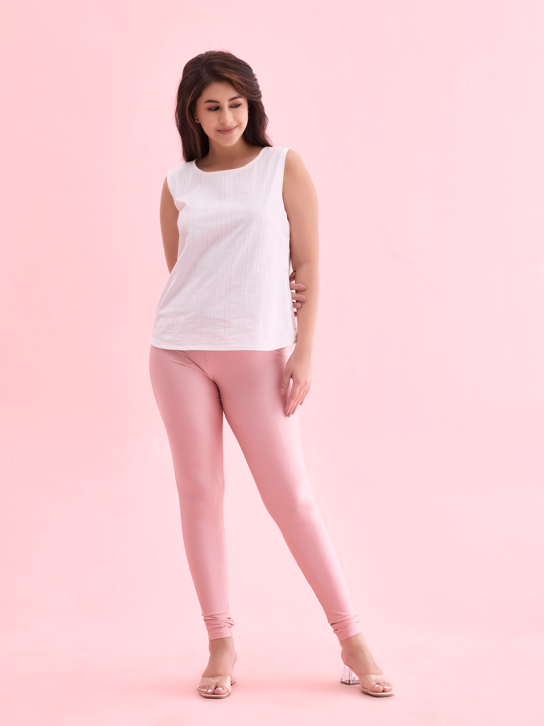 Women Dusty Rose Nylon Shimmer Churidar Leggings