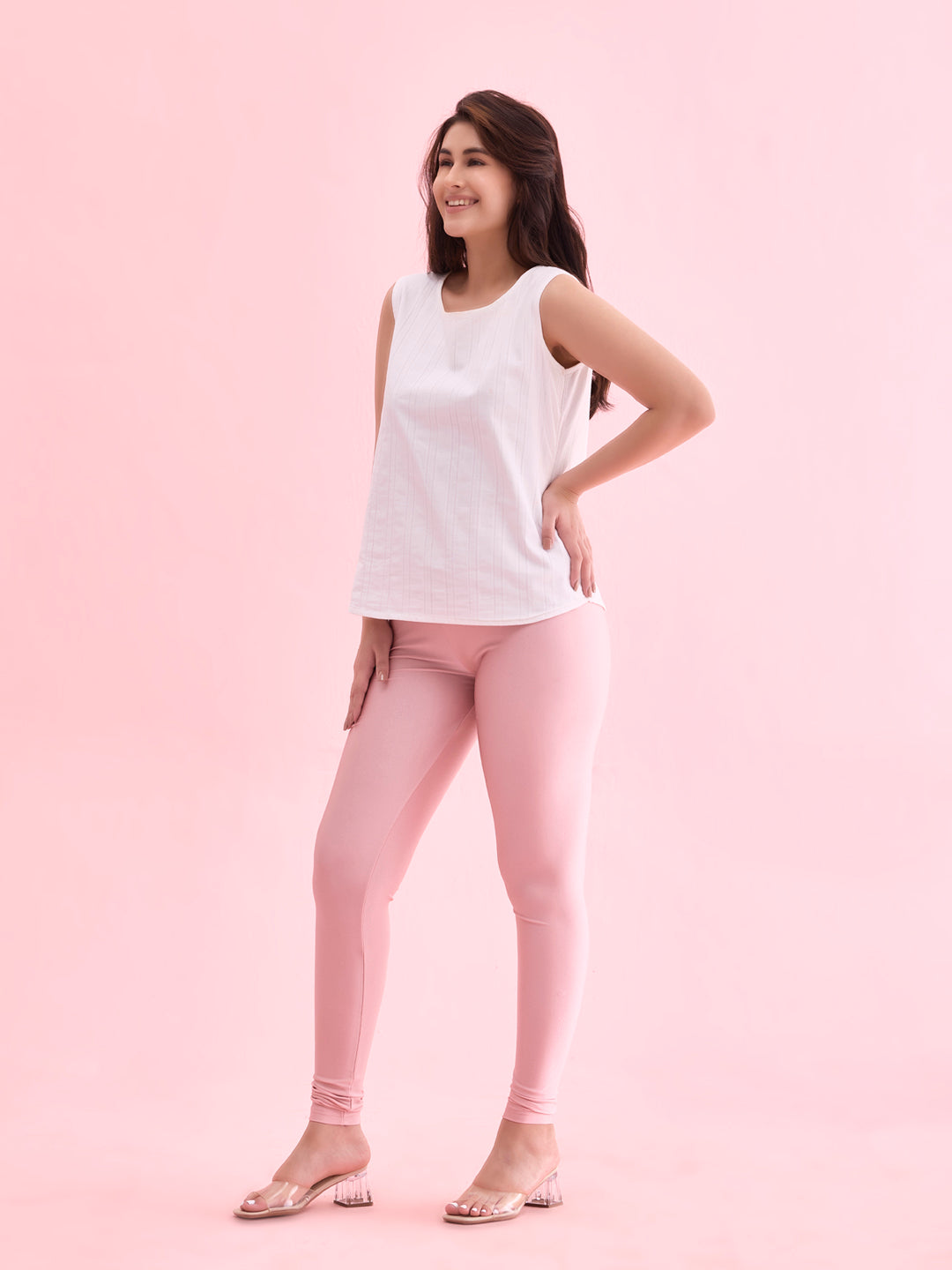 Women Dusty Rose Nylon Shimmer Churidar Leggings