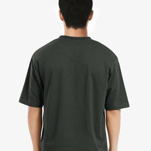 Rare Rabbit Men Leat Olive Cotton Polyester Fabric Short Sleeve Crew Neck Boxy Fit Printed T-Shirt