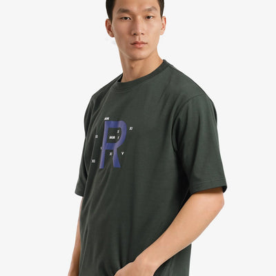 Rare Rabbit Men Leat Olive Cotton Polyester Fabric Short Sleeve Crew Neck Boxy Fit Printed T-Shirt