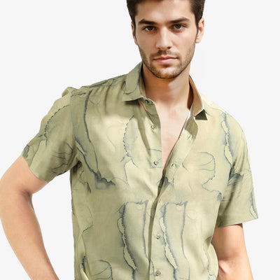 Rare Rabbit Men's Leons Ss Green Viscose Fabric Abstract Print Half Sleeves