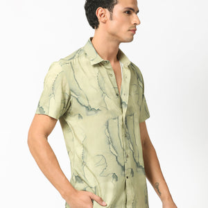 Rare Rabbit Men's Leons Ss Green Viscose Fabric Abstract Print Half Sleeves