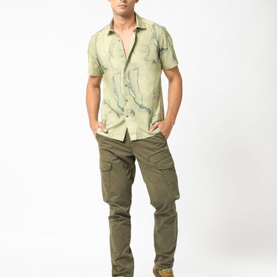 Rare Rabbit Men's Leons Ss Green Viscose Fabric Abstract Print Half Sleeves