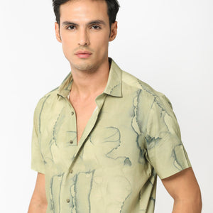 Rare Rabbit Men's Leons Ss Green Viscose Fabric Abstract Print Half Sleeves