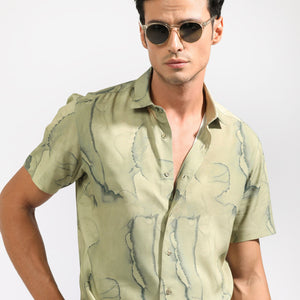 Rare Rabbit Men's Leons Ss Green Viscose Fabric Abstract Print Half Sleeves