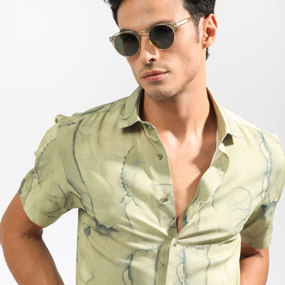 Rare Rabbit Men's Leons Ss Green Viscose Fabric Abstract Print Half Sleeves