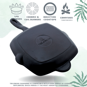 Trilonium Cast Iron Grill Pan 26 cm | Pre-Seasoned with TilCrust™ | Gas & Induction Compatible | Black