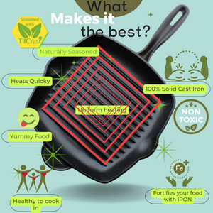 Trilonium Cast Iron Grill Pan 26 cm | Pre-Seasoned with TilCrust™ | Gas & Induction Compatible | Black