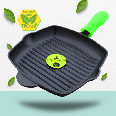 Trilonium Cast Iron Grill Pan 26 cm | Pre-Seasoned with TilCrust™ | Gas & Induction Compatible | Black
