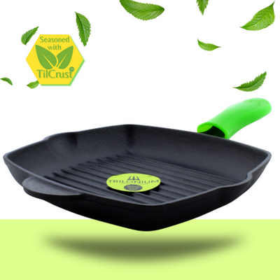 Trilonium Cast Iron Grill Pan 26 cm | Pre-Seasoned with TilCrust™ | Gas & Induction Compatible | Black