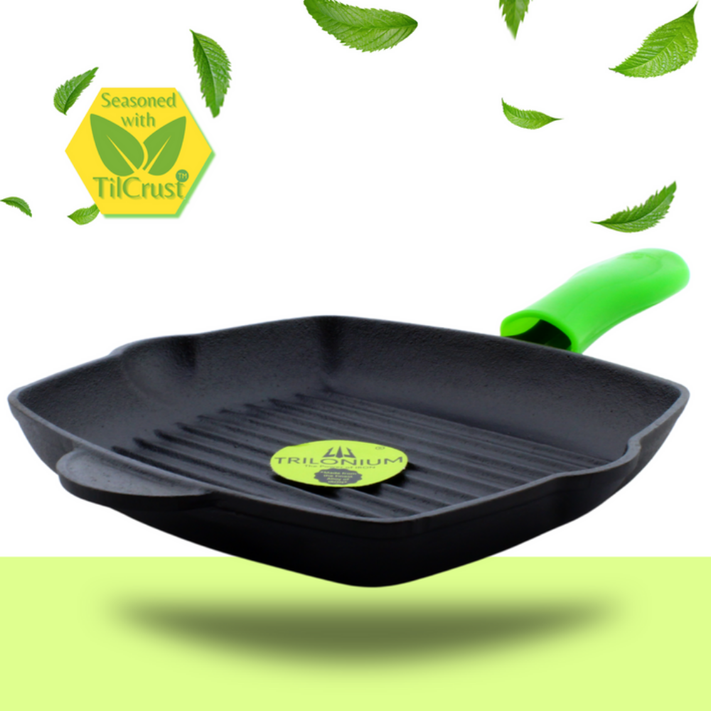 Trilonium Cast Iron Grill Pan 26 cm | Pre-Seasoned with TilCrust™ | Gas & Induction Compatible | Black
