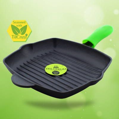 Trilonium Cast Iron Grill Pan 26 cm | Pre-Seasoned with TilCrust™ | Gas & Induction Compatible | Black