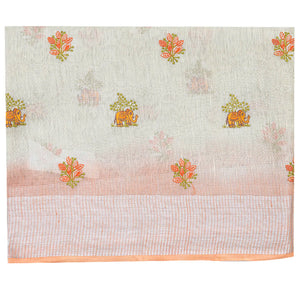 Off White Blended Linen Saree with Elephant and Flower Embroidery with Blue Border and Pallu