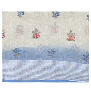 Off White Blended Linen Saree with Elephant and Flower Embroidery with Blue Border and Pallu