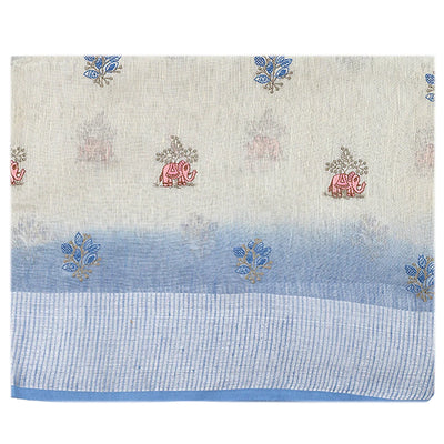 Off White Blended Linen Saree with Elephant and Flower Embroidery with Blue Border and Pallu