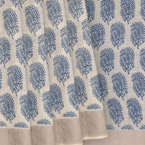 Off White Handwoven Linen Saree With Flower Motifs in Blue Print-Off White