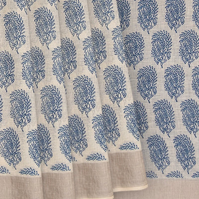 Off White Handwoven Linen Saree With Flower Motifs in Blue Print-Off White