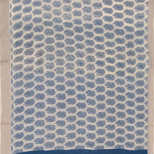 Off White Handwoven Linen Saree With Flower Motifs in Blue Print-Off White